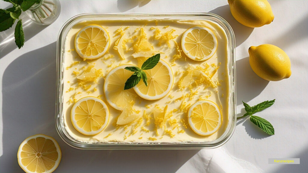 Lemon tiramisu in a serving dish topped with lemon zest and mint