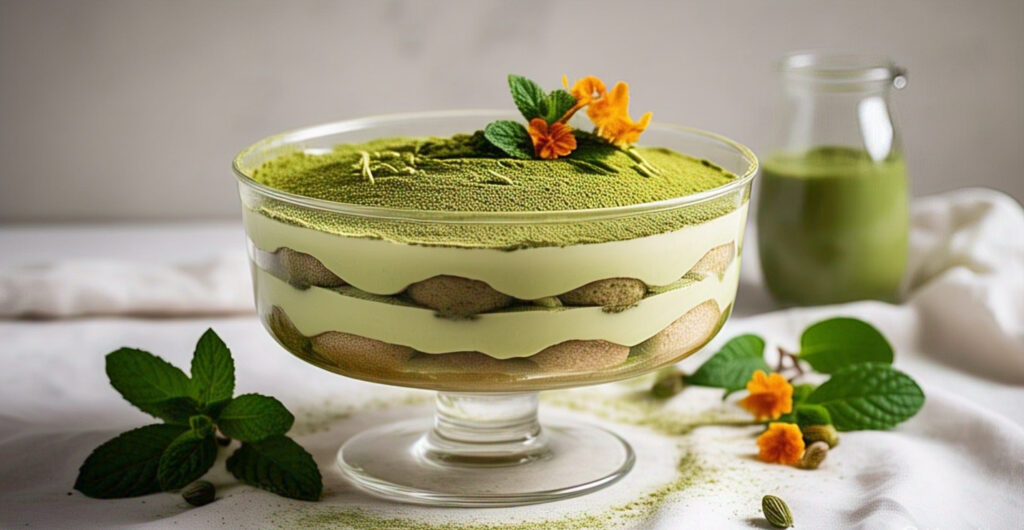 Layered Matcha Tiramisu in a trifle dish with visible mascarpone cream and matcha-soaked ladyfingers.