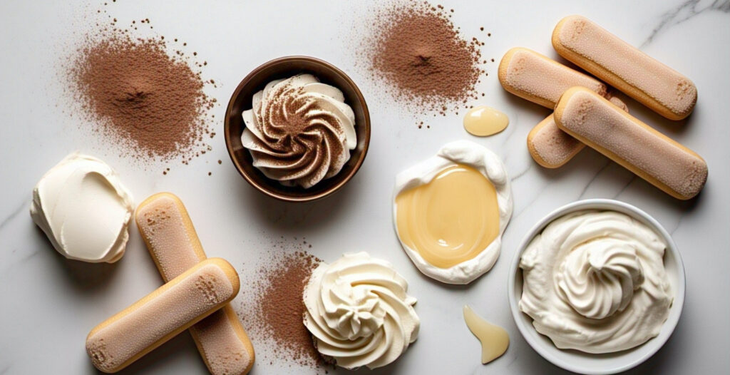 Flat lay of tiramisu ice cream ingredients including mascarpone, whipped cream, and ladyfingers.