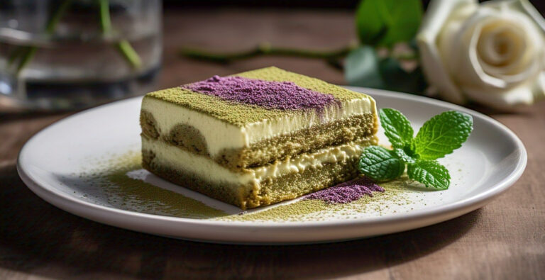 Slice of creamy Matcha Tiramisu topped with bright green matcha powder in a white serving dish.