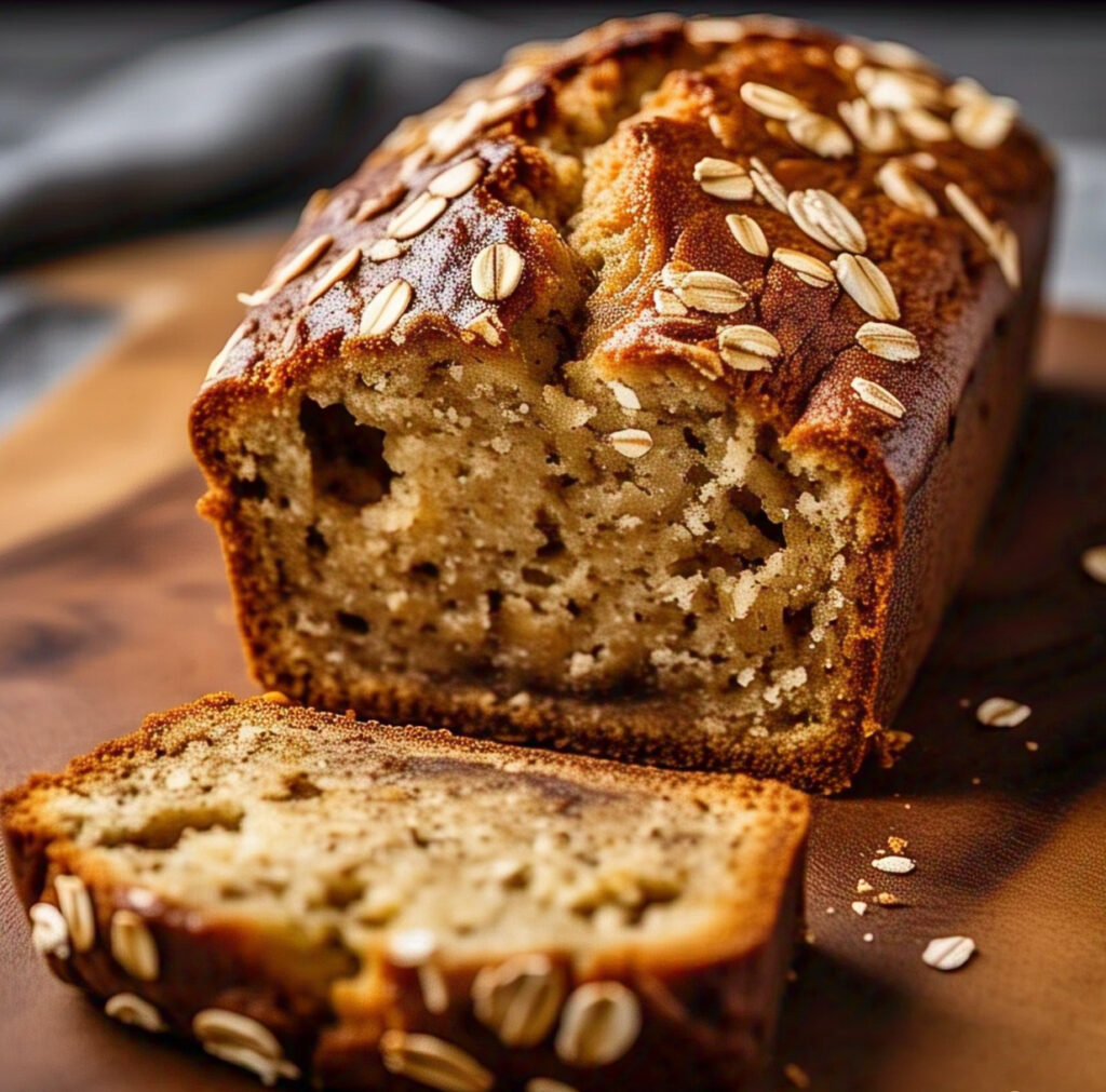 Banana oat bread freshly sliced on cutting board