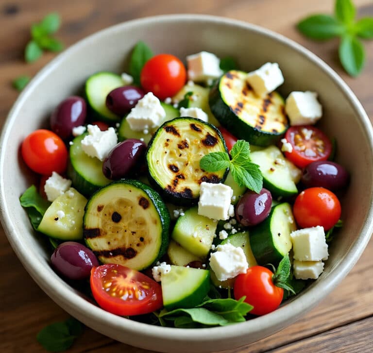 Grilled zucchini Greek salad in a bowl with feta and tomatoes