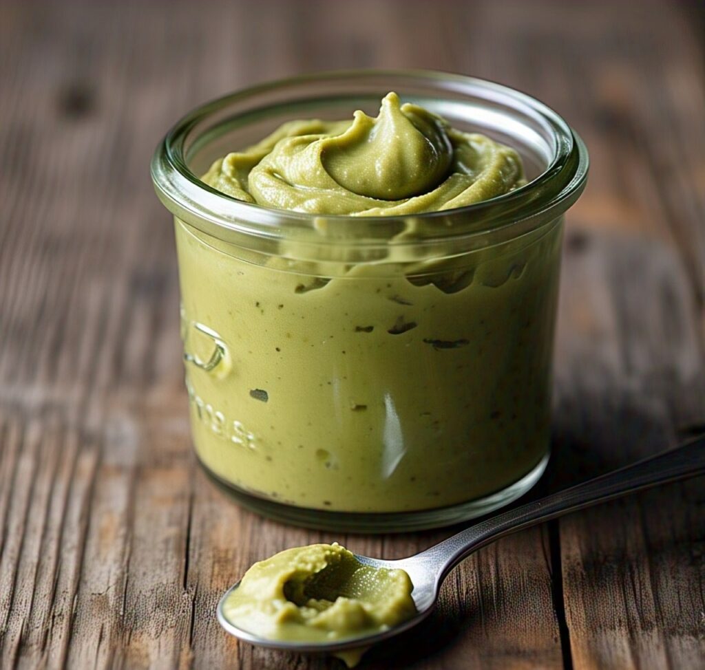 how to make pistachio butter: Creamy pistachio butter in glass jar