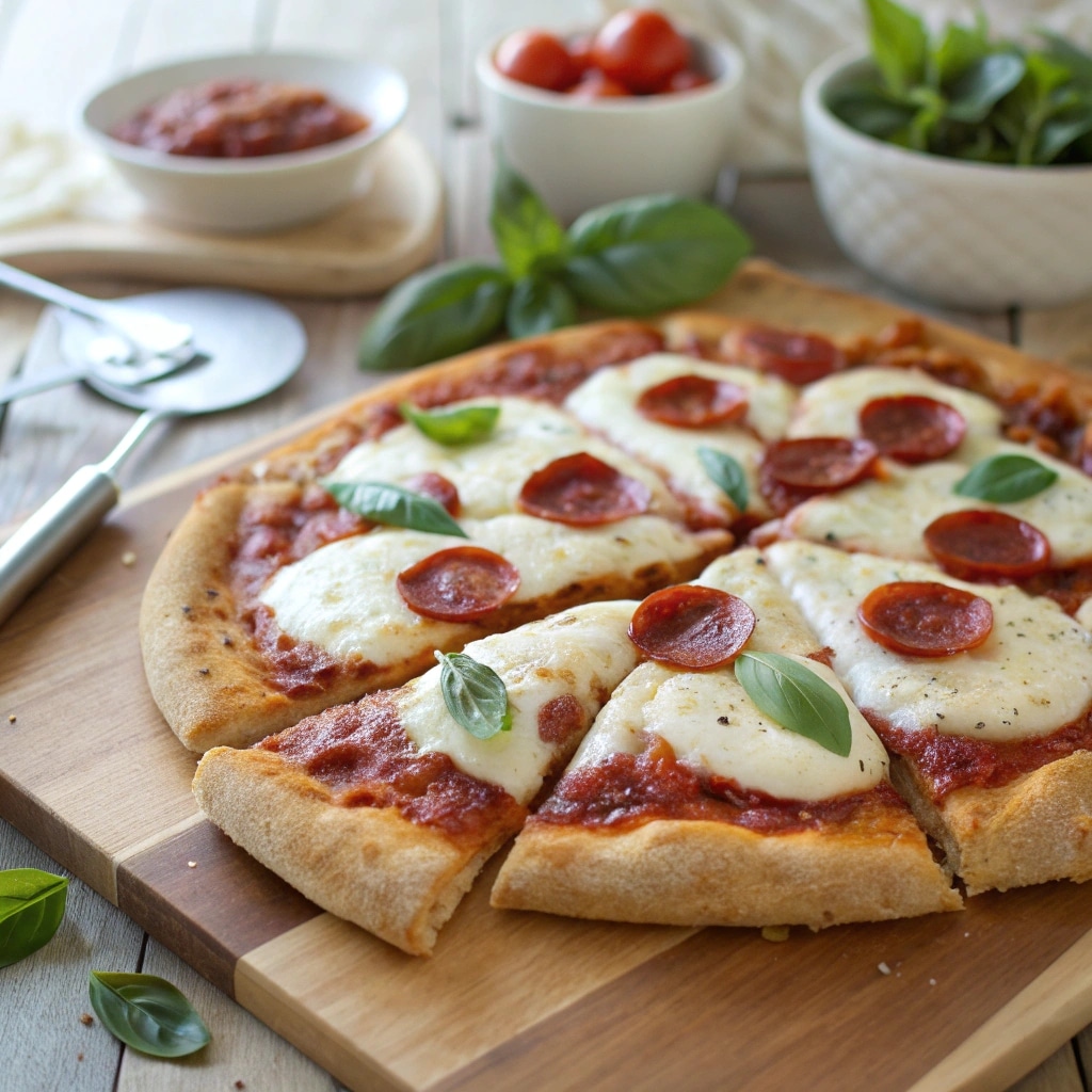 Cottage cheese pizza crust with marinara, mozzarella, and pepperoni