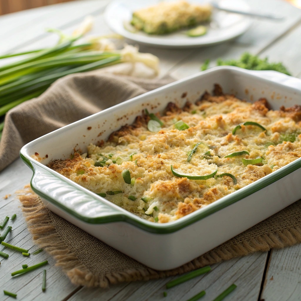 Shredded zucchini casserole with golden breadcrumb topping