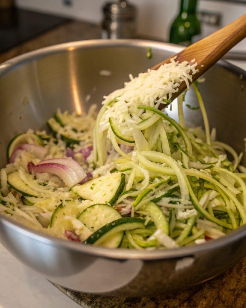 Mixing zucchini, cheese, and onions for casserole
