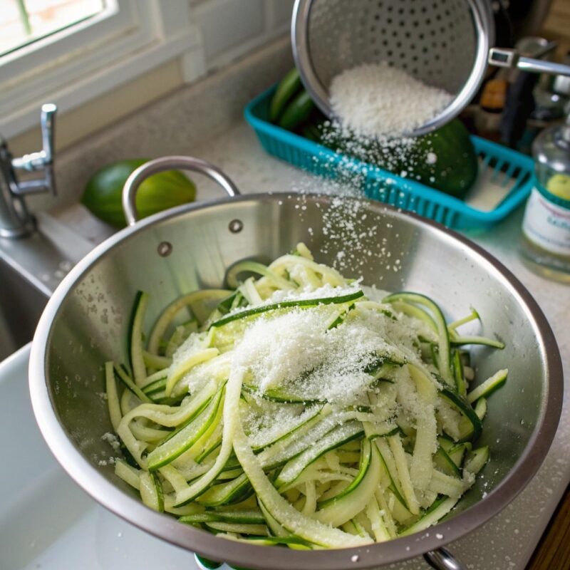 Shredded zucchini draining in a colander with salt