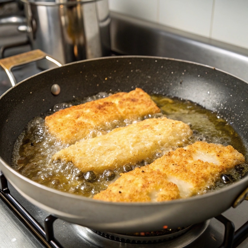Cod fillets frying in skillet for crispy fish tacos