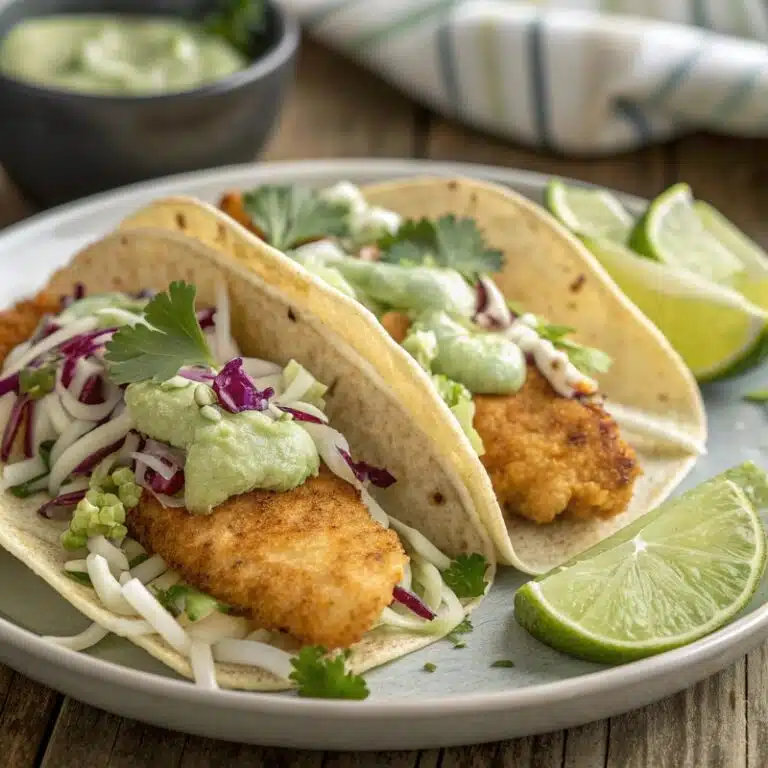 Crispy Fish Tacos with Creamy Green Sauce served with lime and slaw