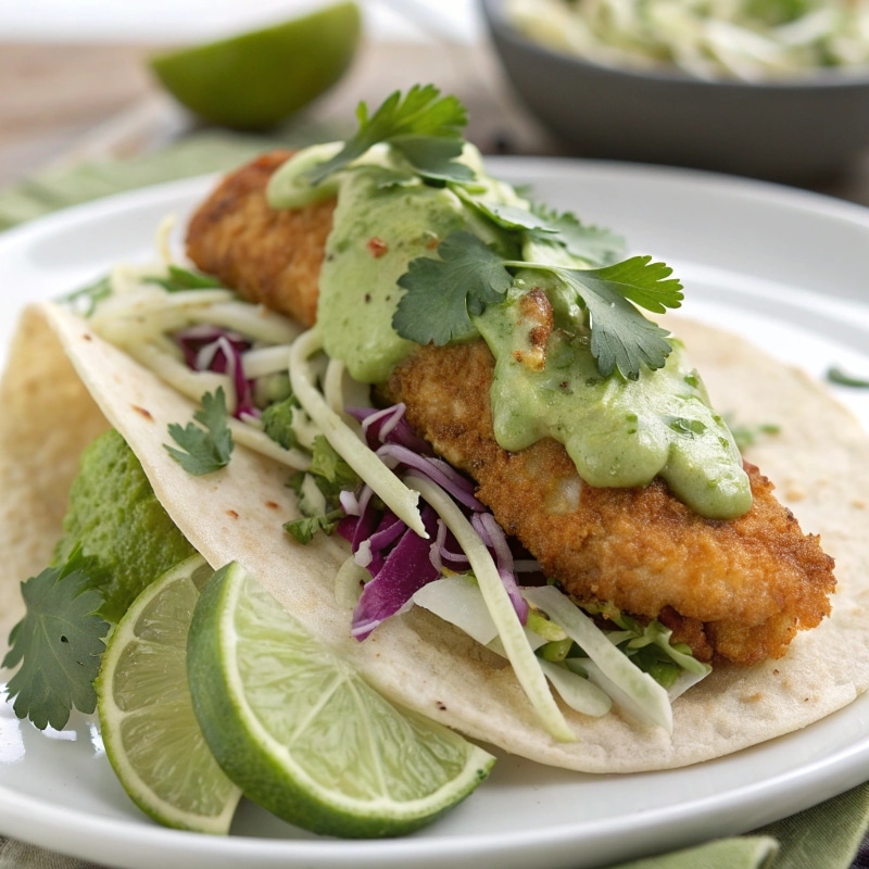 Crispy Fish Taco topped with green avocado sauce