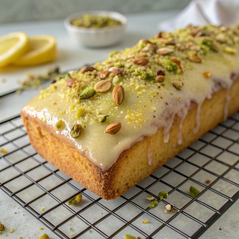 Pistachio lemon loaf cake with lemon glaze