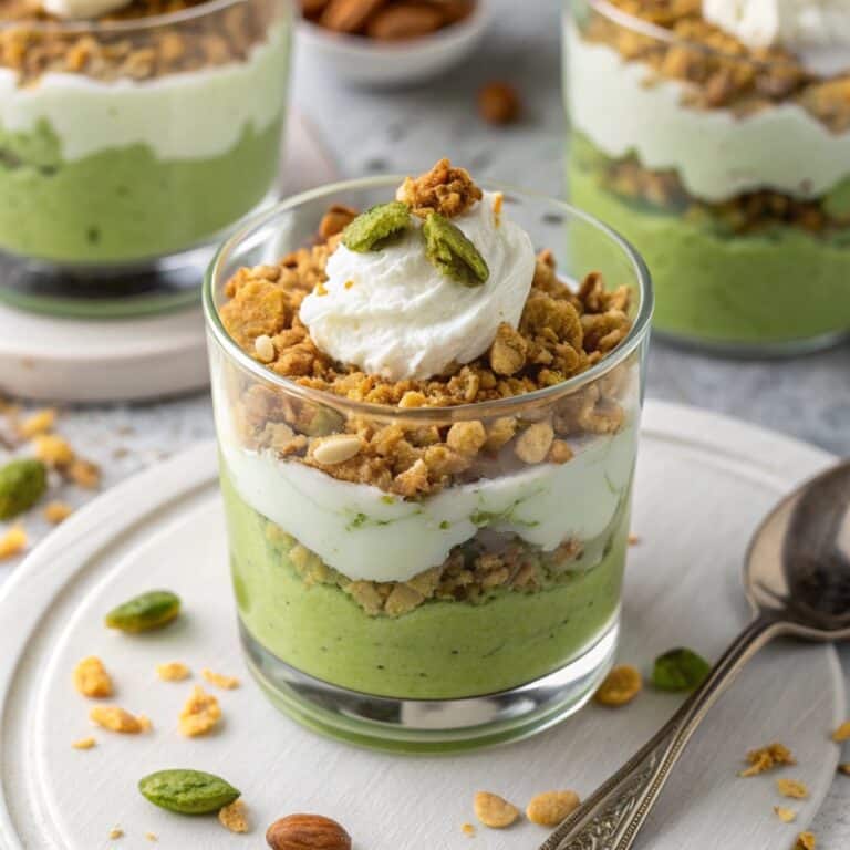 Vegan pistachio pudding parfait with granola and coconut cream