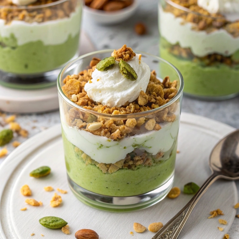 Vegan pistachio pudding parfait with granola and coconut cream