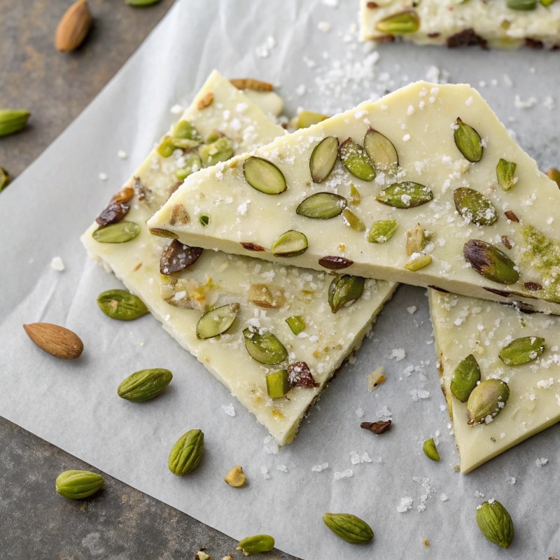 Pistachio White Chocolate Bark Dessert: Quick & Elegant No-Bake Treat 1 Pistachio white chocolate bark dessert with sea salt flakes