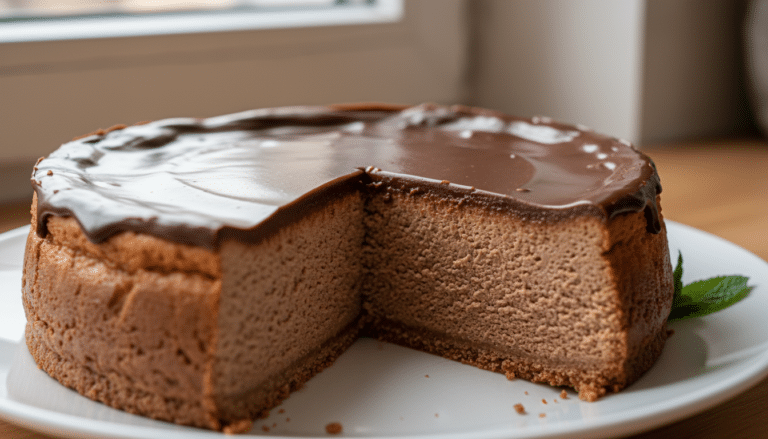 Lighter chocolate cottage cheese cheesecake sliced on a plate