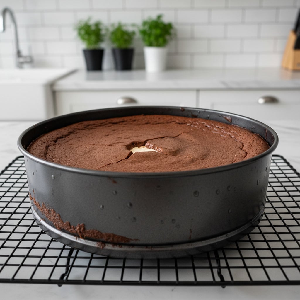 cooling-chocolate-cottage-cheesecake.jpg Chocolate cottage cheese cheesecake cooling after baking
