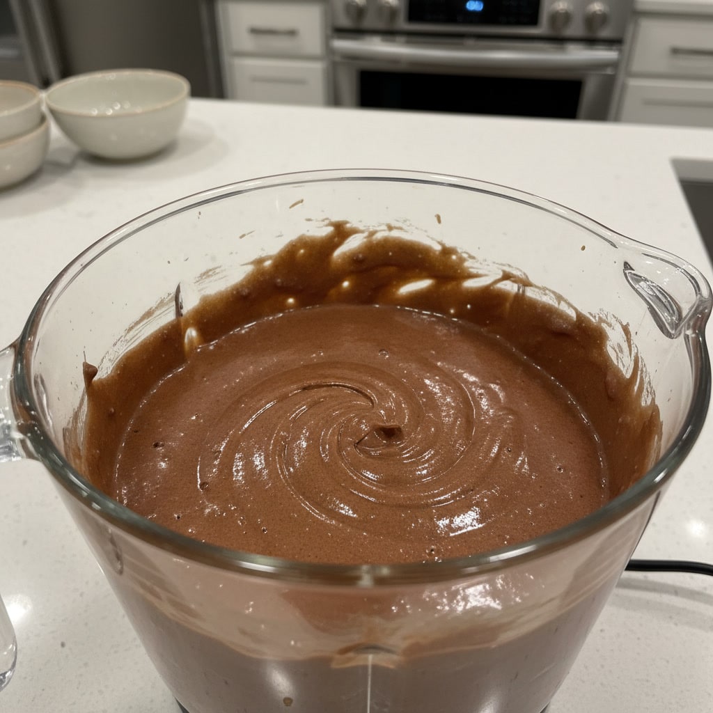 blending-chocolate-cottage-cheesecake-filling.jpg Blending cottage cheese cheesecake filling until smooth
