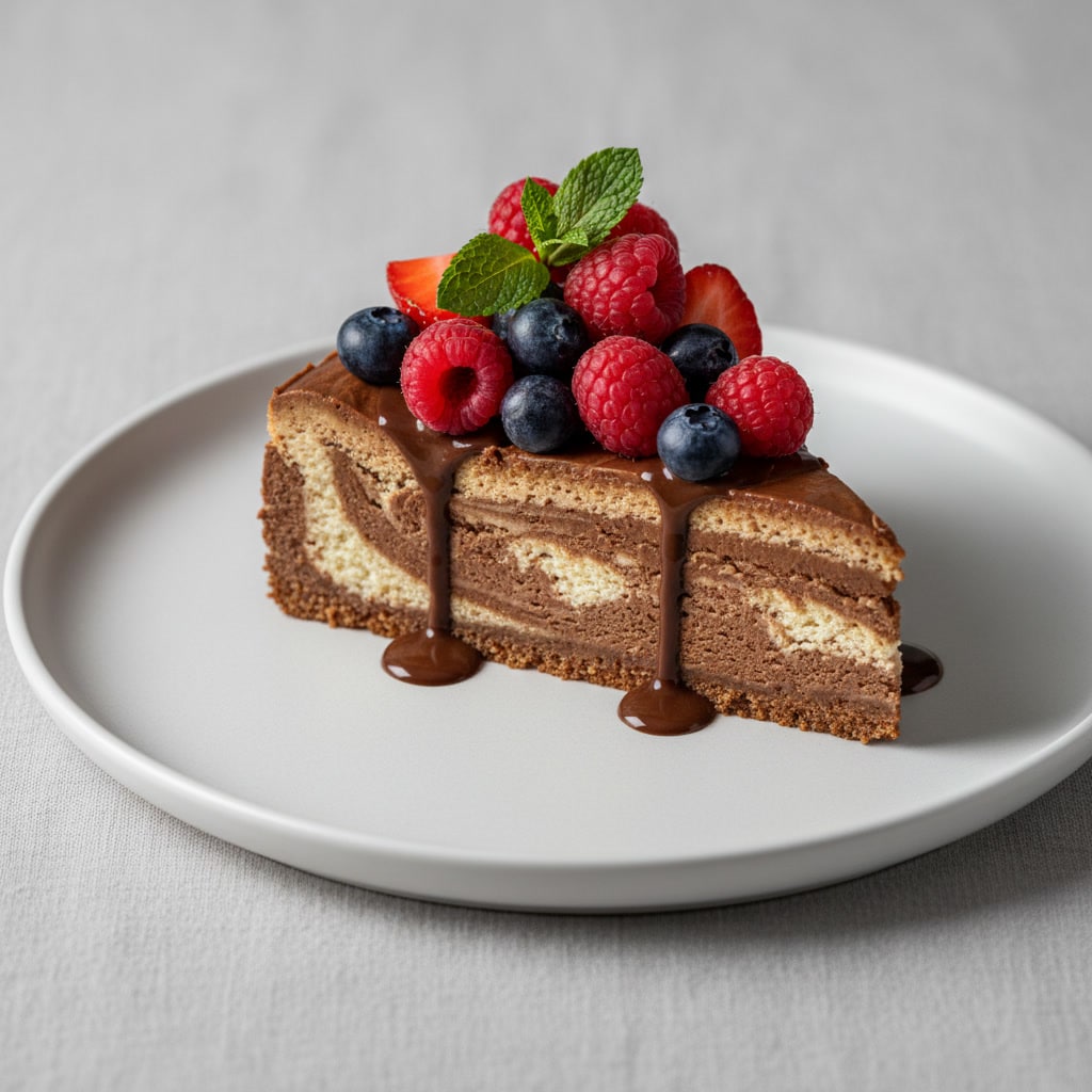 chocolate-cottage-cheese-cheesecake-slice.jpg Slice of lighter chocolate cottage cheese cheesecake served with berries