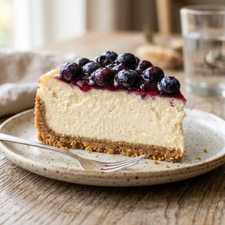 Blueberry cheesecake slice with fresh topping
