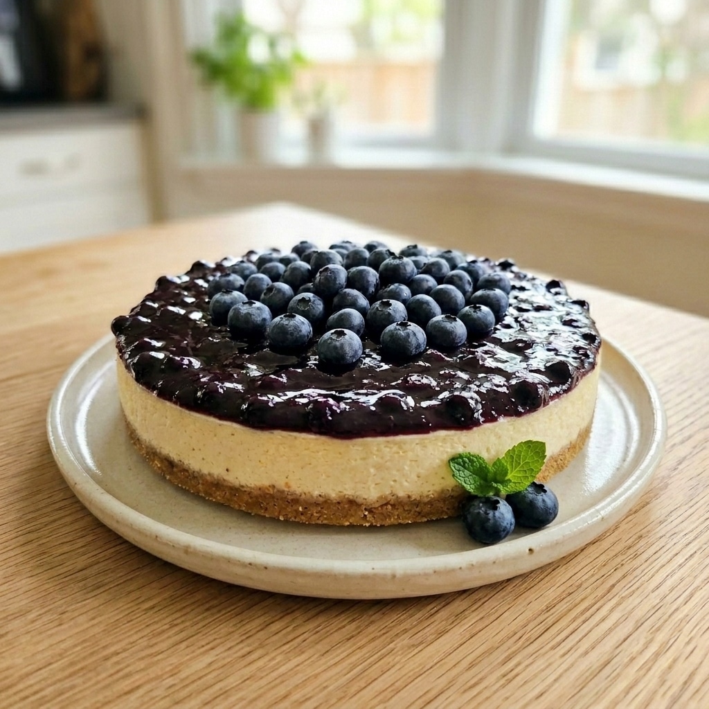 Whole blueberry cheesecake ready to serve