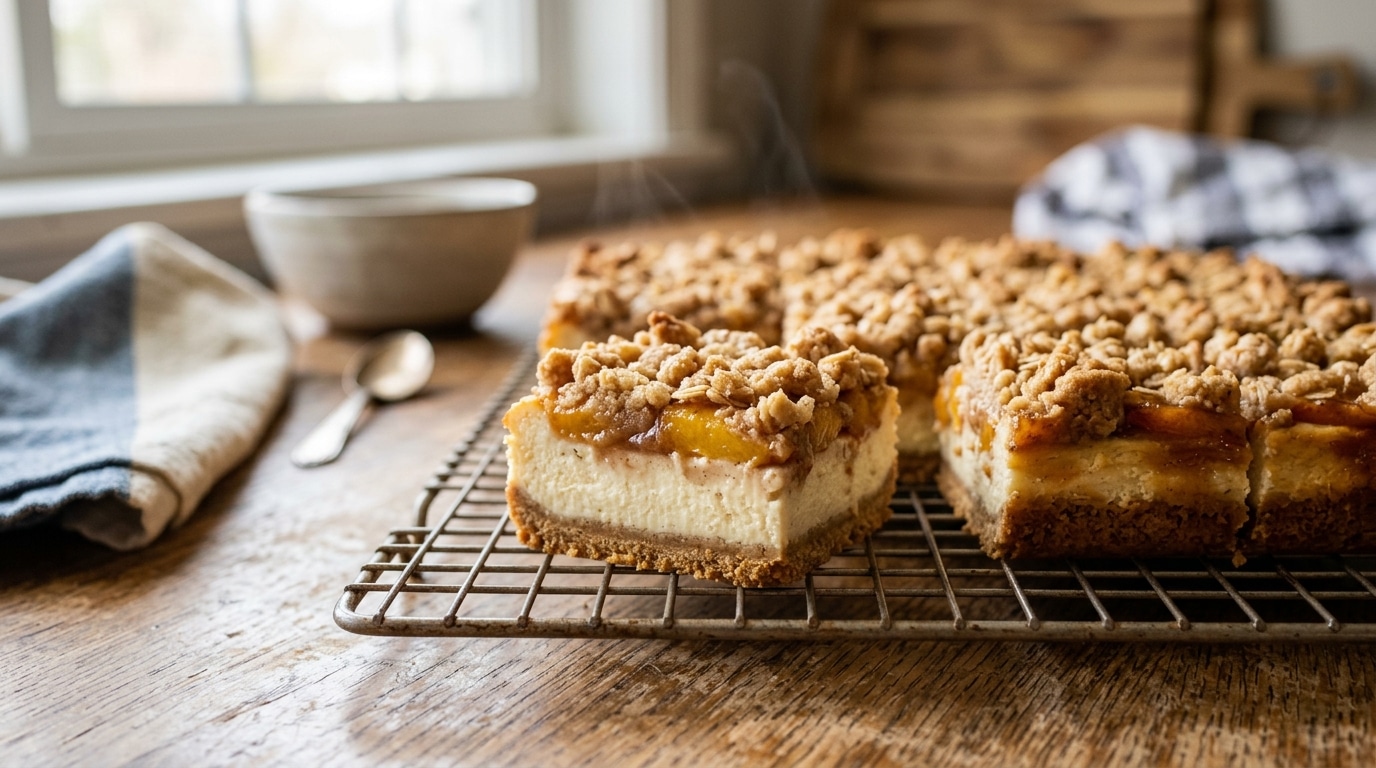 Cheesecake_bars_cooling_on_rack_202608122250 Peach Cobbler Cheesecake Bars