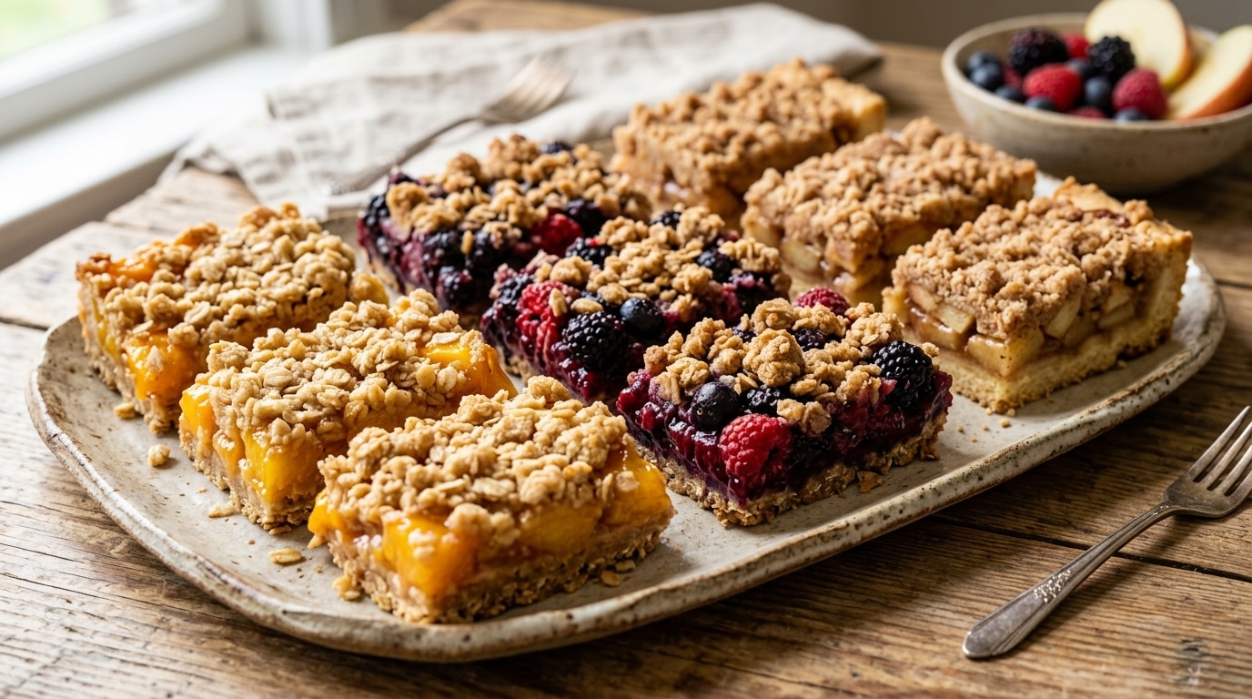 Fruit_cobbler_bars_on_platter_202608122252 Peach Cobbler Cheesecake Bars