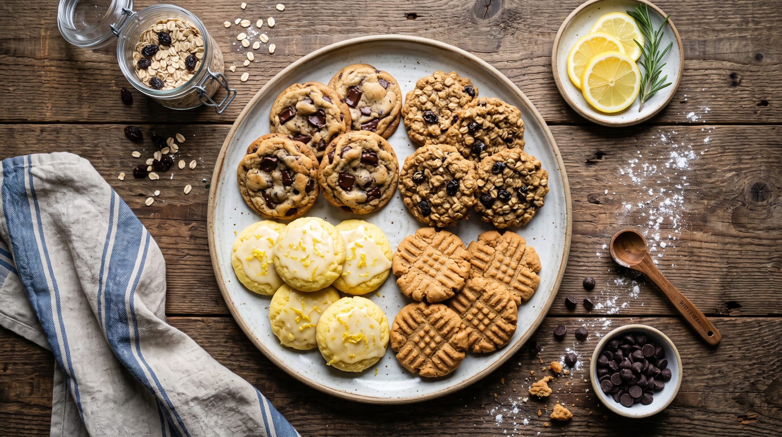 Brownie Chunk Cookies: Irresistible Recipe for Ultimate Dessert 6 A flat lay of various types of freshly baked cookies, including oatmeal raisin, peanut butter, lemon zest, and chocolate chip, arranged attractively on a wooden table.