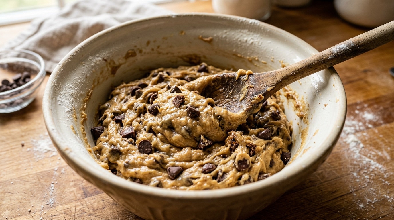 Brownie Chunk Cookies: Irresistible Recipe for Ultimate Dessert 4 Close-up of chocolate chip cookie dough in a mixing bowl, showing its rich, soft consistency before adding brownie chunks.