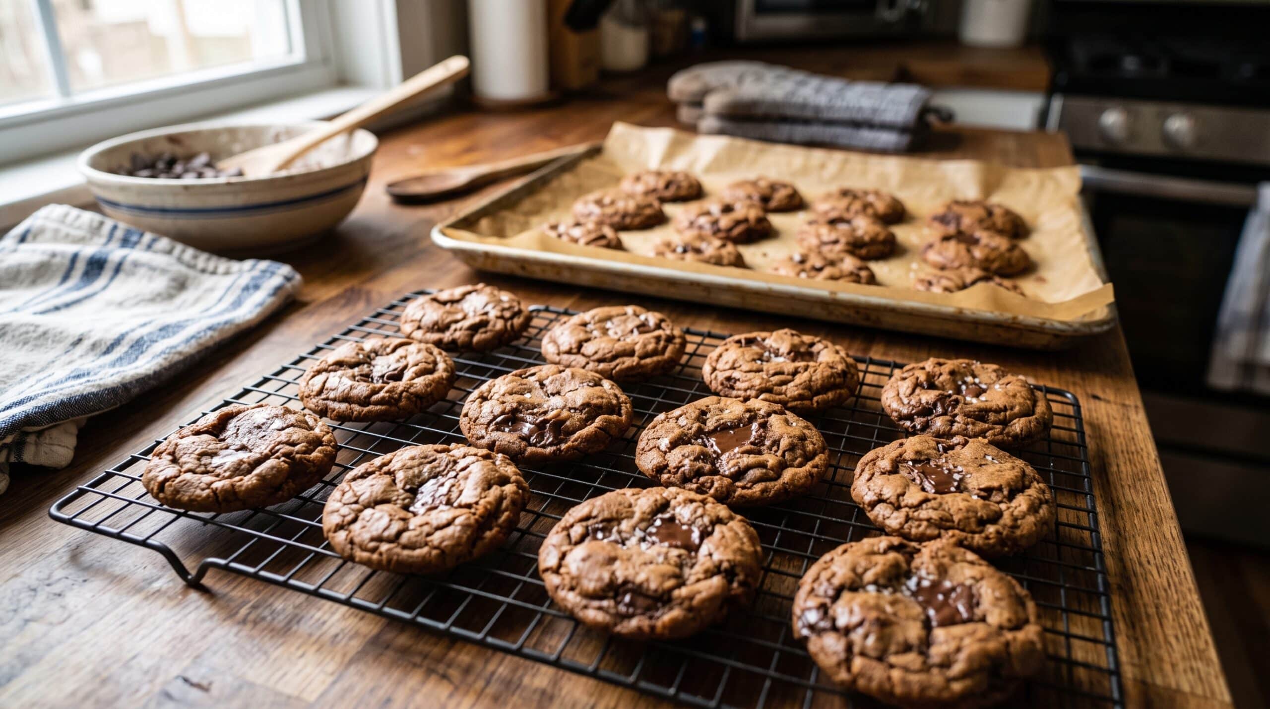 Brownie Chunk Cookies: Irresistible Recipe for Ultimate Dessert 5 Golden brown brownie chunk cookies cooling on a wire rack, with some still on a parchment-lined baking sheet in the background.